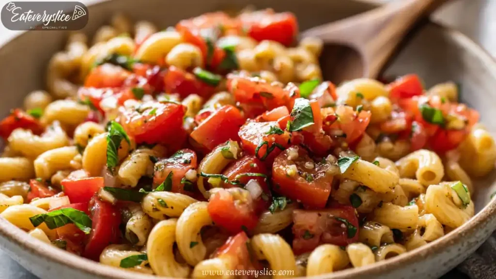 pasta salad with fresh tomato bruschetta topping, chopped basil, and seasoning in a ceramic bowl