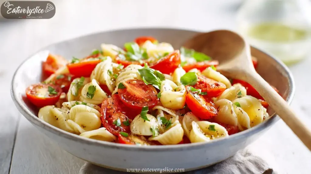 Close-up of bruschetta pasta salad with cherry tomatoes, basil, and orecchiette pasta