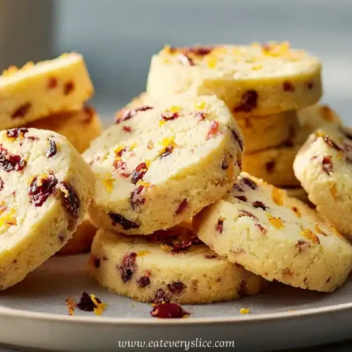 Stacked cranberry shortbread cookies with orange zest on a plate in sunlight