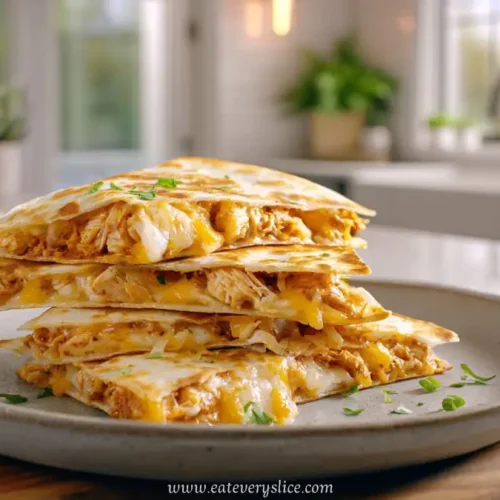 Cheesy chicken quesadilla stack on a plate in a bright kitchen with melted cheese and herbs