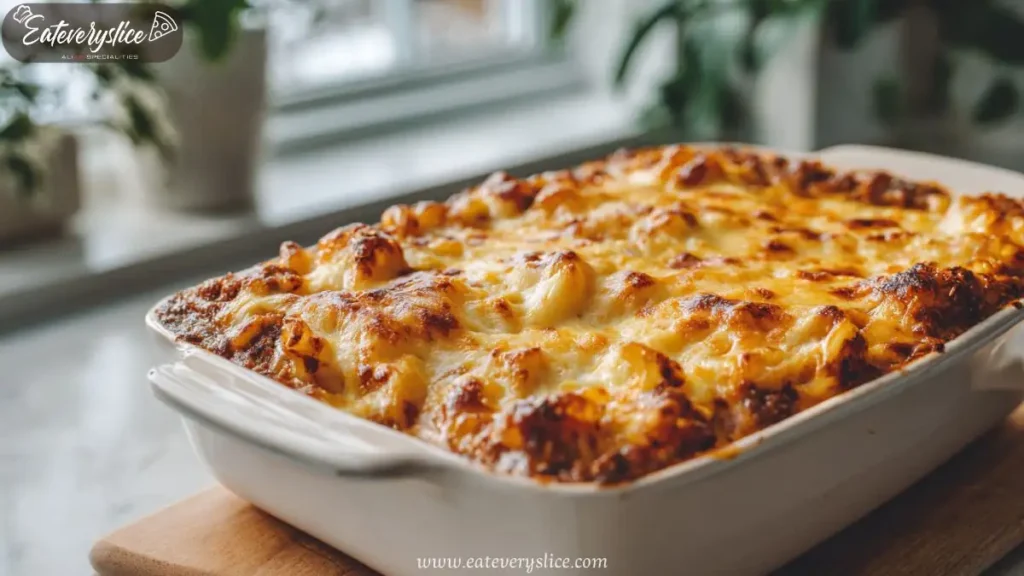 golden baked mac and cheese meatloaf casserole in white ceramic dish