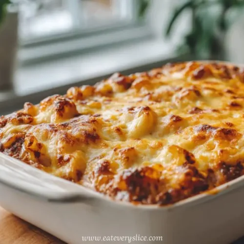 golden baked mac and cheese meatloaf casserole in white ceramic dish