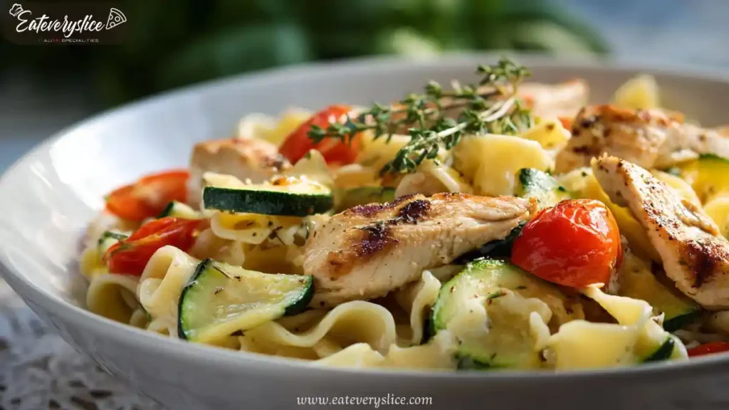 White bowl filled with grilled chicken, pasta ribbons, zucchini slices and cherry tomatoes in herb sauce