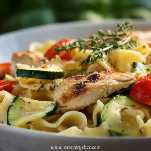 White bowl filled with grilled chicken, pasta ribbons, zucchini slices and cherry tomatoes in herb sauce