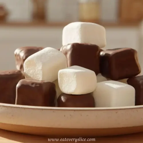 plate of bite-sized chocolate-covered and plain marshmallow cubes in bright kitchen