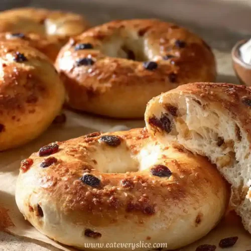 soft cinnamon raisin yogurt bagels with golden crust, Greek yogurt dip, and cinnamon powder on rustic board