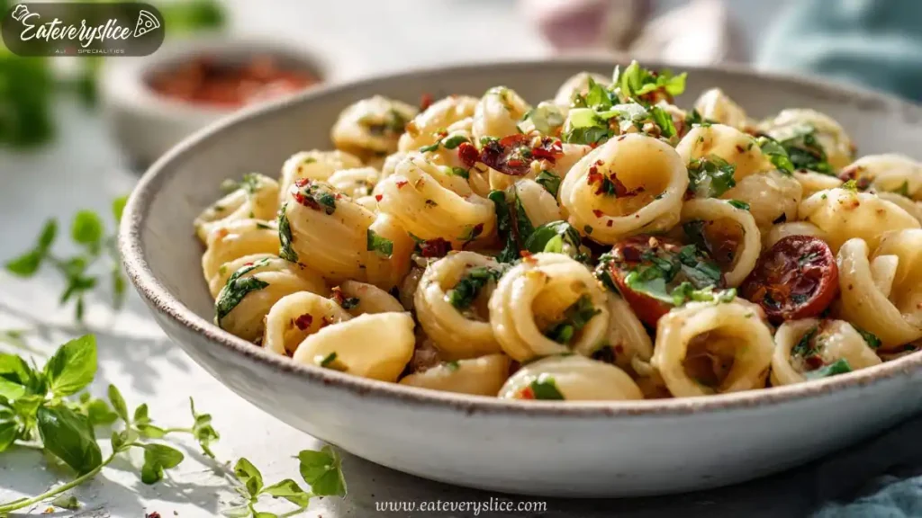 orecchiette pasta salad with cherry tomatoes, herbs, and chili flakes in ceramic bowl