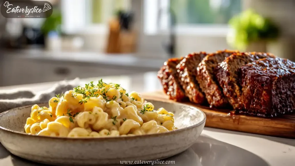 sliced glazed meatloaf and creamy macaroni pasta served in cozy kitchen light