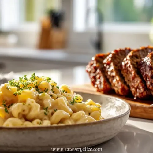 sliced glazed meatloaf and creamy macaroni pasta served in cozy kitchen light