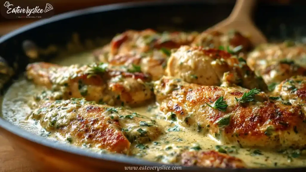Creamy one-pan chicken breasts in herb sauce, golden and simmering in skillet