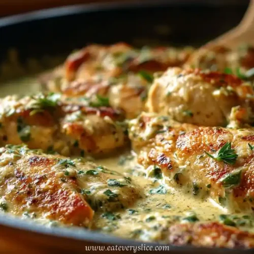 Creamy one-pan chicken breasts in herb sauce, golden and simmering in skillet