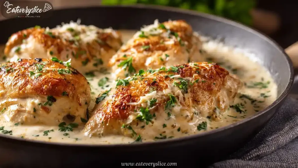 seared chicken breasts in creamy garlic parmesan sauce with herbs in skillet