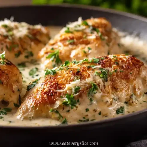 seared chicken breasts in creamy garlic parmesan sauce with herbs in skillet