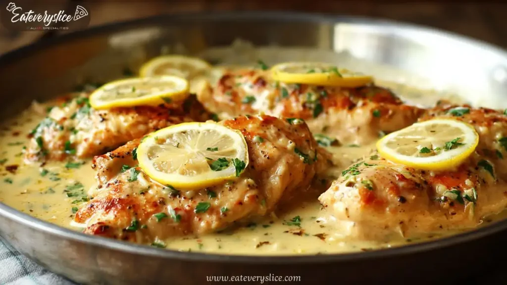 Creamy lemon garlic chicken breasts in skillet with parsley and sliced lemon garnish