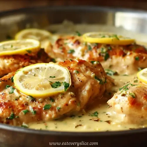 Creamy lemon garlic chicken breasts in skillet with parsley and sliced lemon garnish