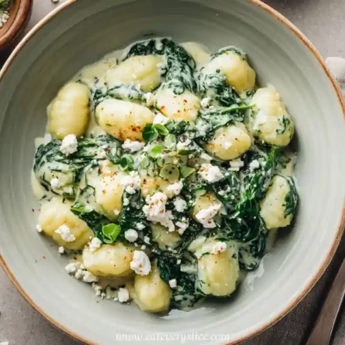 top view of creamy spinach gnocchi in green bowl with crumbled feta and fresh herbs