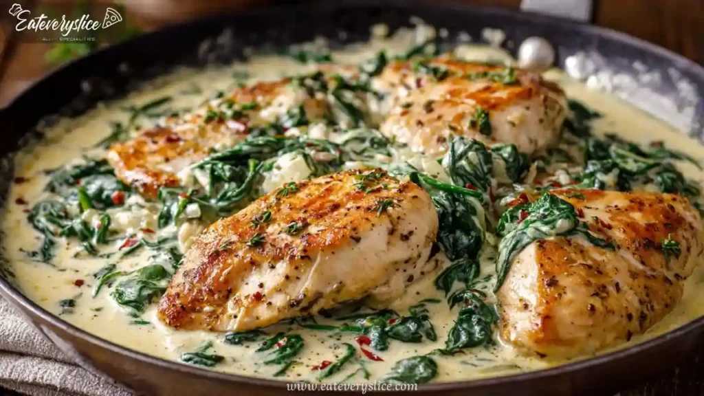 Pan-seared chicken breasts in creamy Tuscan sauce with spinach and herbs in a skillet