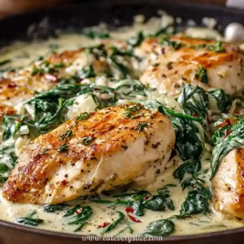 Pan-seared chicken breasts in creamy Tuscan sauce with spinach and herbs in a skillet