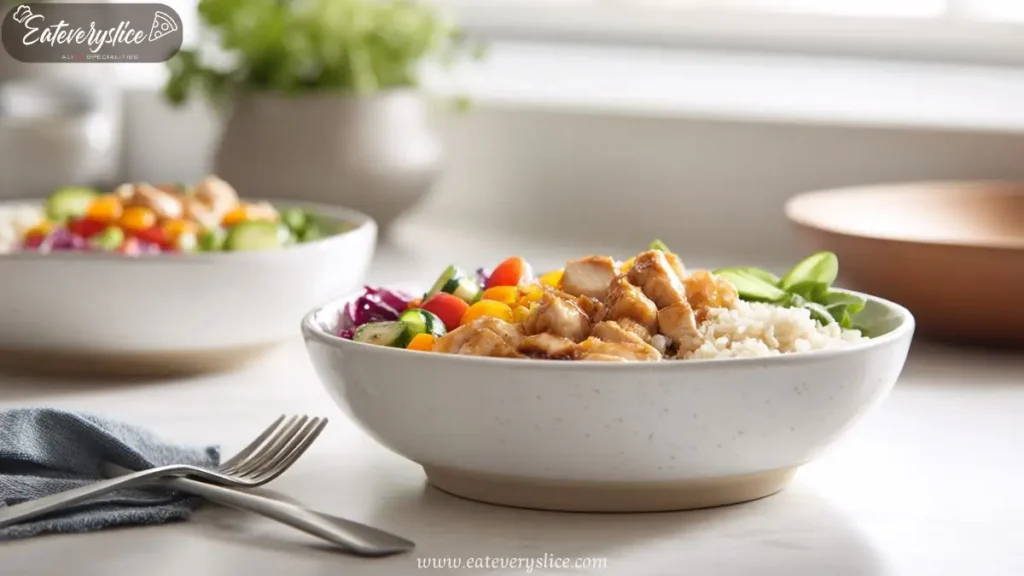 teriyaki chicken dinner bowl with rice and fresh vegetables served in white ceramic dish