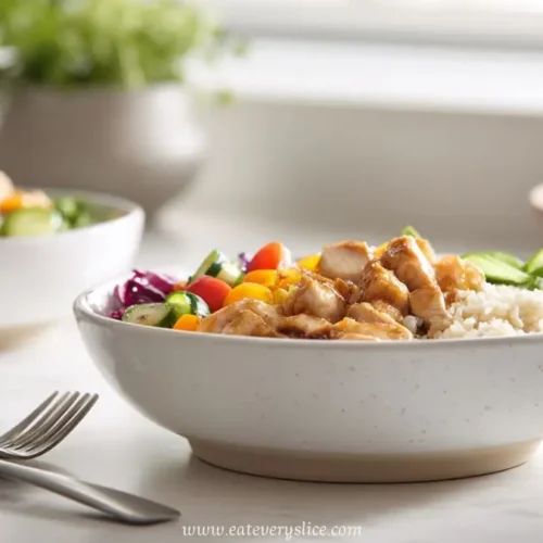 teriyaki chicken dinner bowl with rice and fresh vegetables served in white ceramic dish