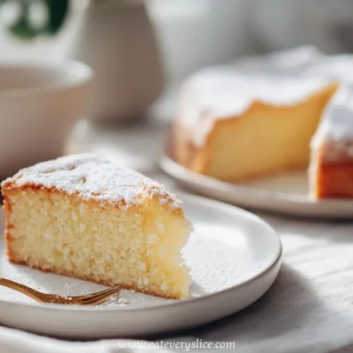 soft slice of powdered sugar dessert cake on ceramic plate with gold fork in sunlight