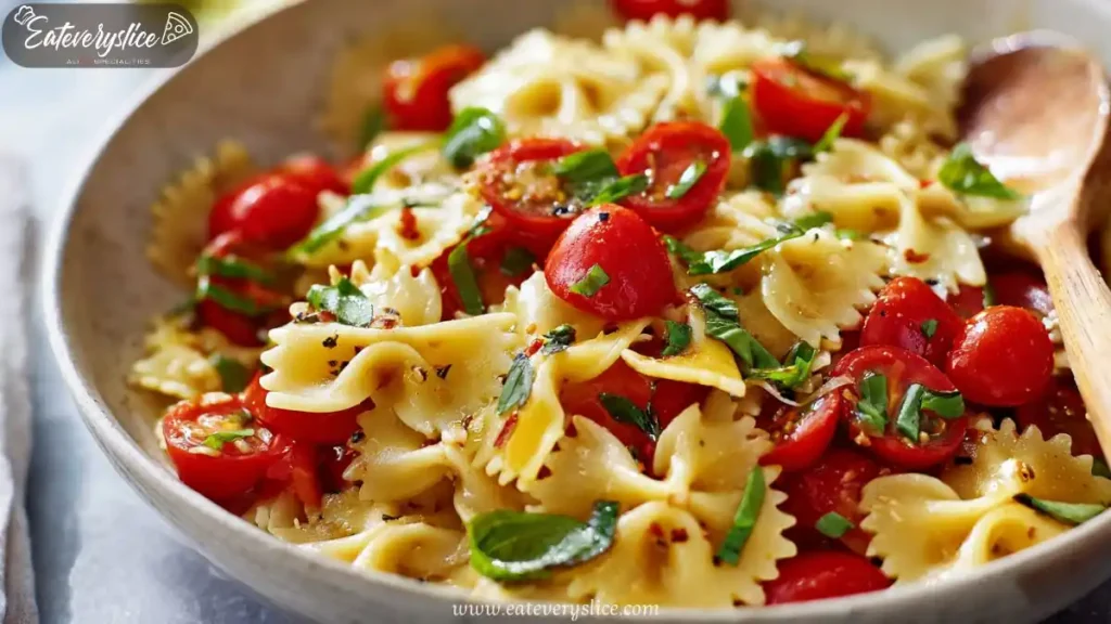 Fresh farfalle pasta salad with cherry tomatoes, basil, and olive oil in a rustic bowl