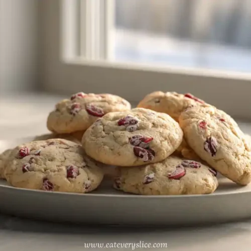Soft cranberry orange cookies stacked on a plate by the window with golden light