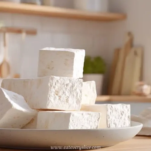 vanilla marshmallow dessert squares stacked on plate in cozy kitchen with warm lighting