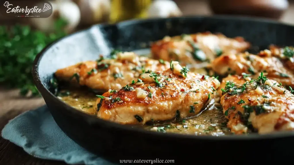Golden garlic butter chicken cutlets in a skillet with fresh herbs and sauce