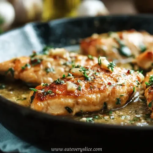 Golden garlic butter chicken cutlets in a skillet with fresh herbs and sauce
