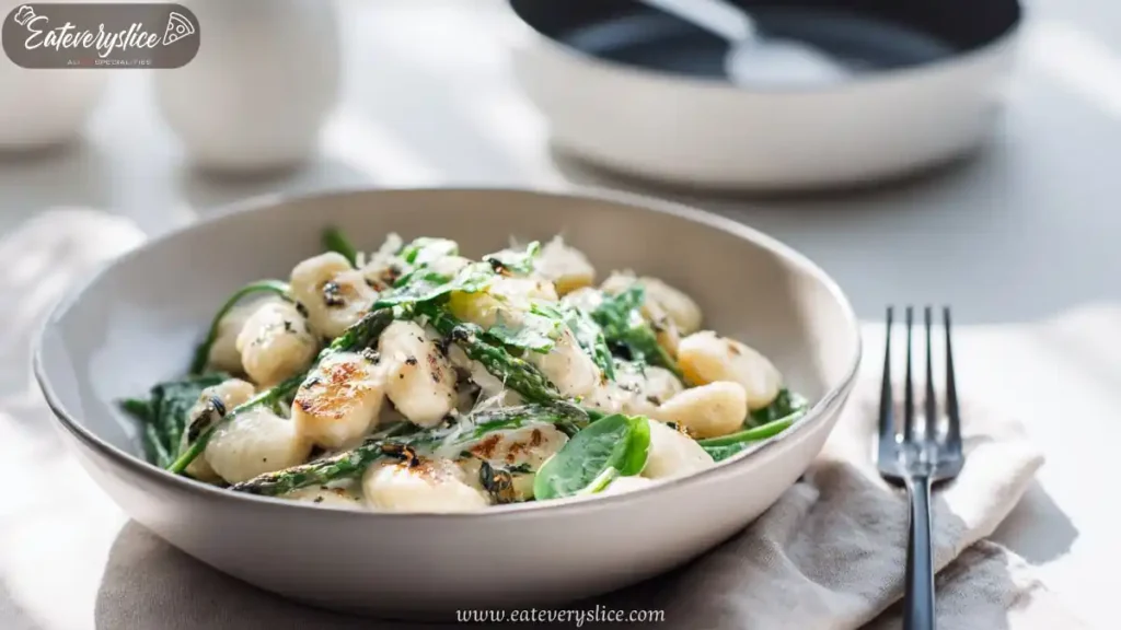 Creamy gnocchi with sautéed spinach and asparagus in a shallow beige bowl, served fresh