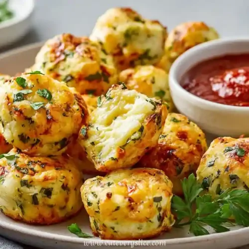 golden baked herb cheese bites with fresh parsley served with marinara dip