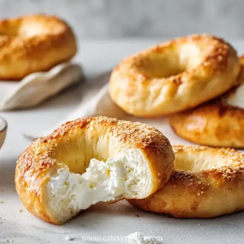High protein bagels filled with creamy cheese on a plate with sesame topping and whipped cream cheese on the side