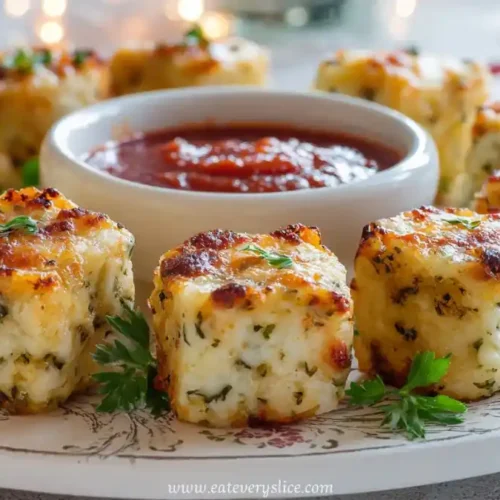 golden baked cheese herb bites served with marinara sauce on a holiday platter