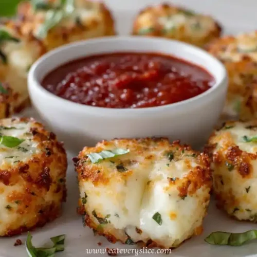 crispy mozzarella herb bites with marinara dip on white plate