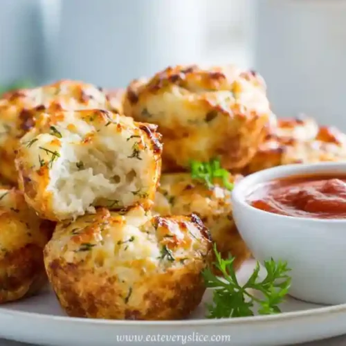 airy Italian-style snack bites on plate with marinara sauce and herbs
