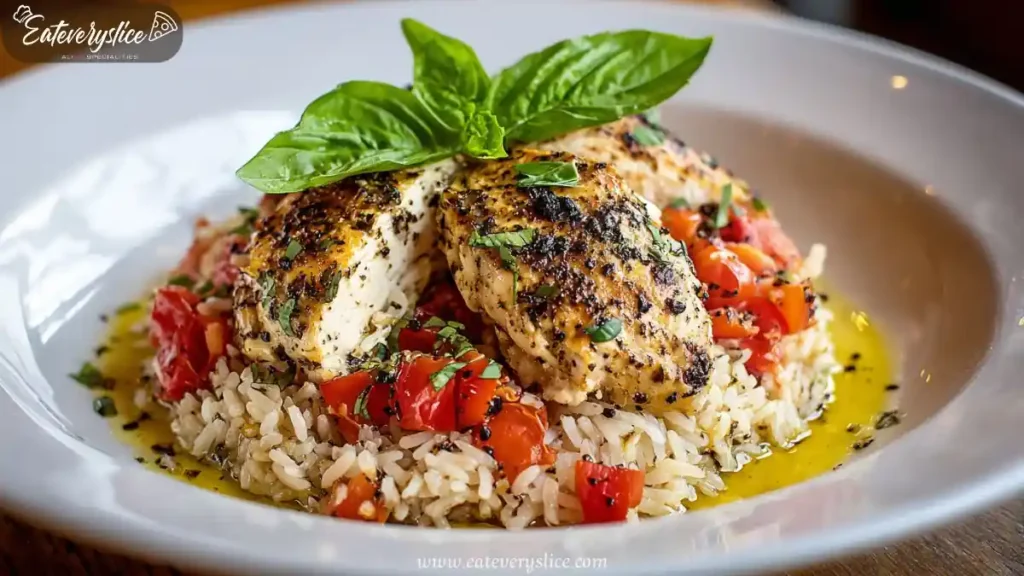 Grilled Italian chicken breasts over rice with chopped tomatoes and basil leaves served in a white bowl