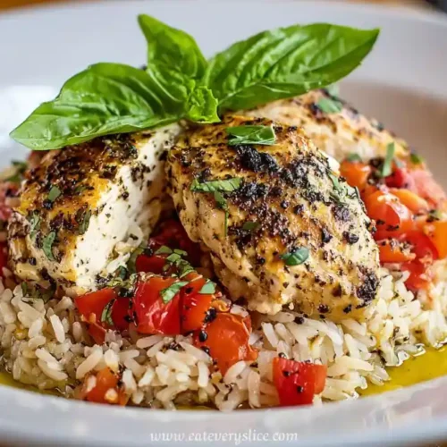 Grilled Italian chicken breasts over rice with chopped tomatoes and basil leaves served in a white bowl