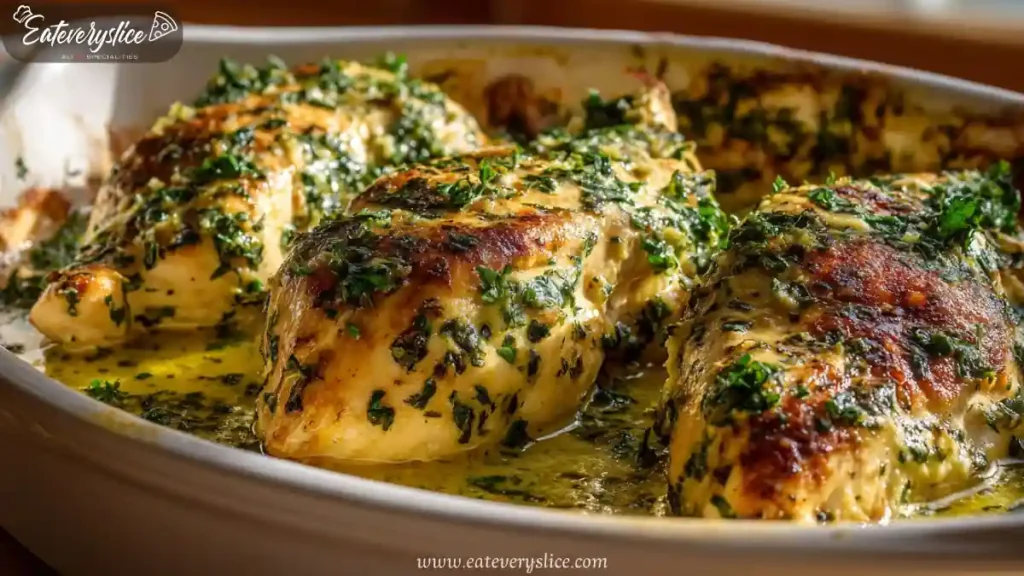 Baked Italian chicken breasts in creamy herb yogurt marinade, golden and juicy in baking dish