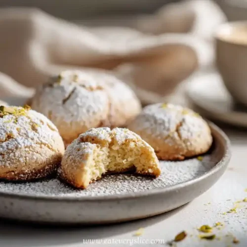 almond cookies dusted with powdered sugar on a plate with a cup of coffee in the background