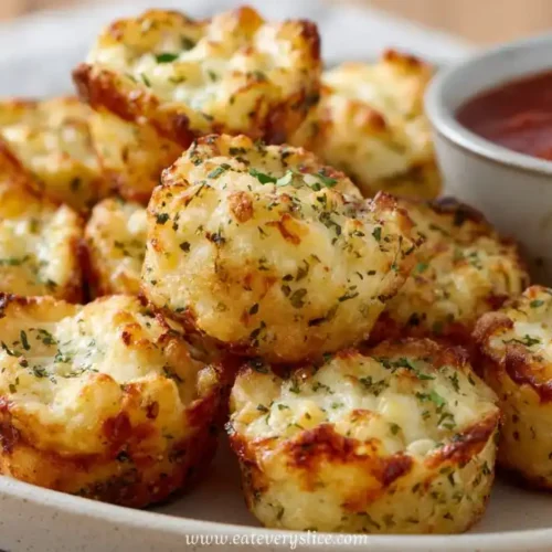 golden cheesy herb mini bites served with marinara dipping sauce on a ceramic plate