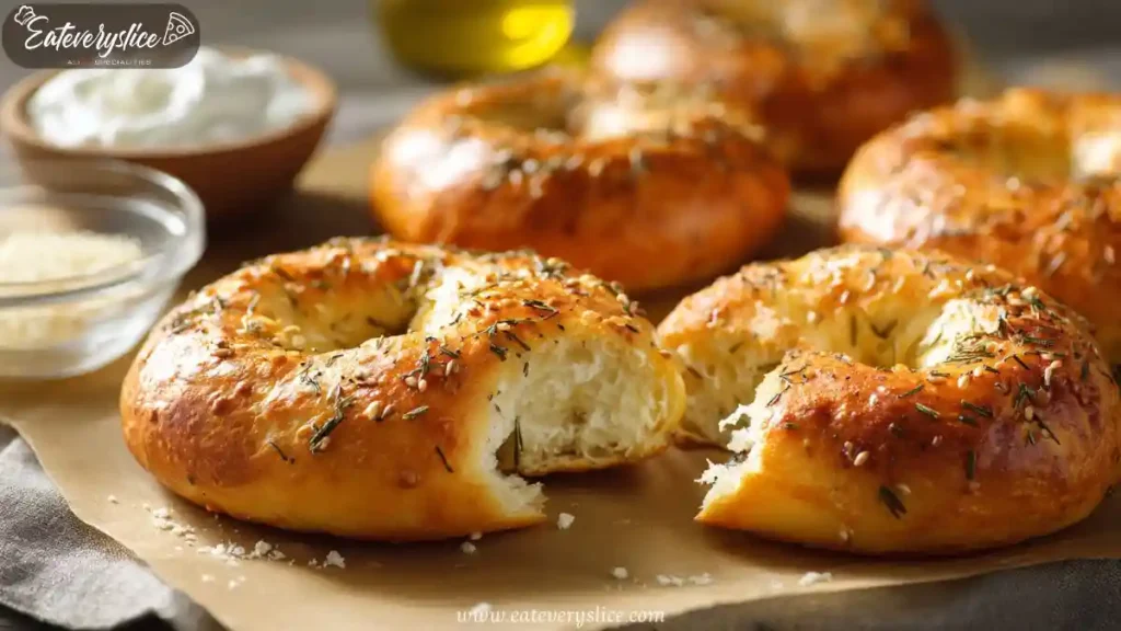 savory yogurt bagels topped with Italian herbs, sesame seeds, and sea salt served with creamy dips