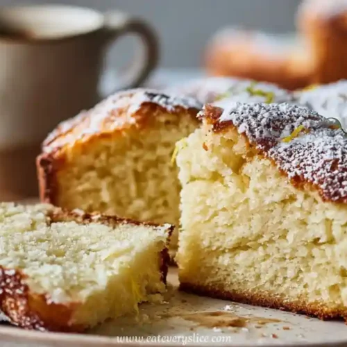 Sliced Italian lemon cake dusted with powdered sugar on plate with coffee cups in background