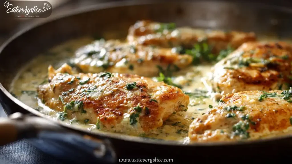 Seared chicken breasts in creamy herb sauce in a skillet, Italian low carb dinner style
