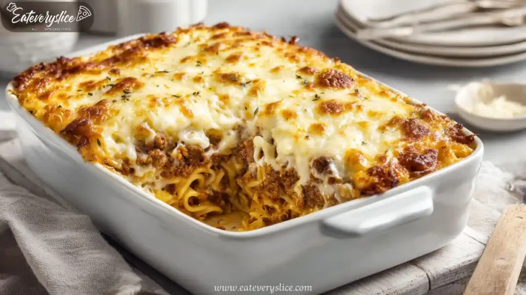 Sliced Italian-style meatloaf casserole with cheesy pasta layers in a white baking dish