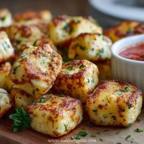 golden brown Italian snack bites with herbs served with marinara sauce on wooden board