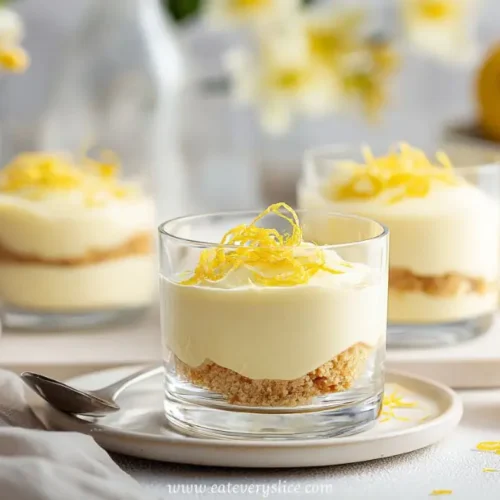 glass cups filled with layered lemon cream dessert topped with zest and served with lemon halves