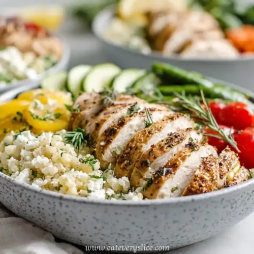 lemon herb grilled chicken with quinoa, yellow peppers, cucumbers, cherry tomatoes and feta cheese in a bowl
