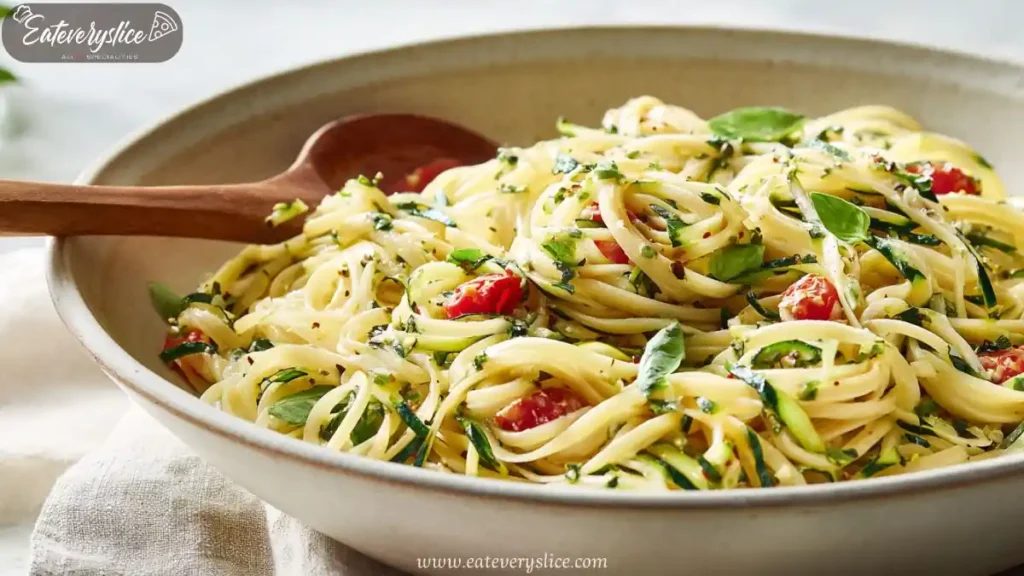 summer pasta salad with linguine, zucchini ribbons, cherry tomatoes, and fresh basil in ceramic bowl