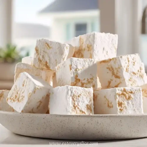 fluffy vanilla marshmallows stacked on ceramic plate in sunlit kitchen setting